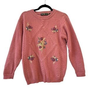 Vintage Village Green Floral Embroidery Wool Blend Sweater Pink Women’s Size Med